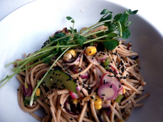 Summer whole wheat udon noodle salad with tempeh
