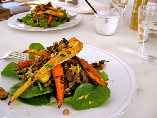 Lemony french lentils, herb roasted vegetables and browned shallots over Baby Spinach