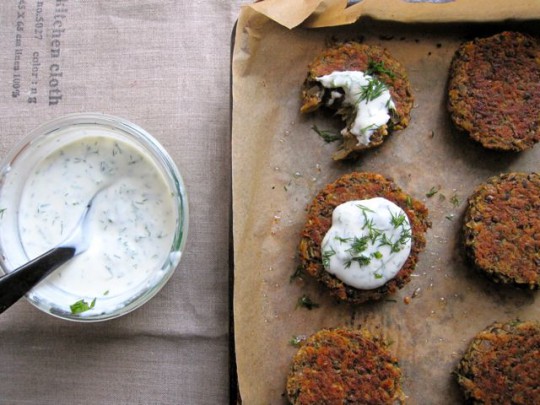 Herbed French lentil cakes with yogurt mint sauce