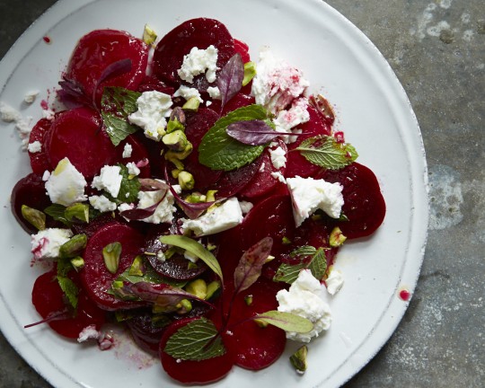 Marinated beet salad with feta, mint and pistachios