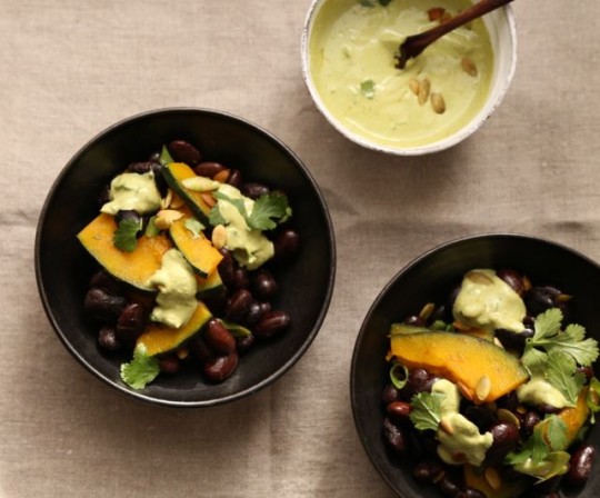 Warm heirloom Black Bean Salad with Tangy Cilantro Pumpkin Seed Dressing