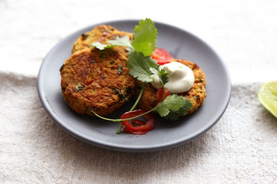 Sweet Potato Carrot cakes with Cilantro and Chili topped with Cashew Lime Sour Cream