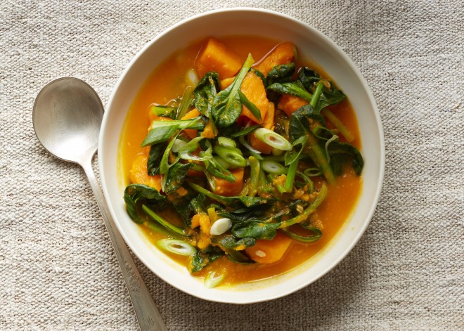 Squash miso bowl with greens and ginger