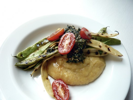 Polenta with grilled romano beans and rustic pesto