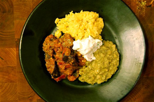 Eggplant curry with mung bean dahl and saffron infused basmati rice
