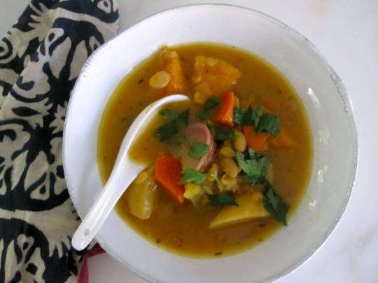 Fall vegetable soup with saffron broth and white beans