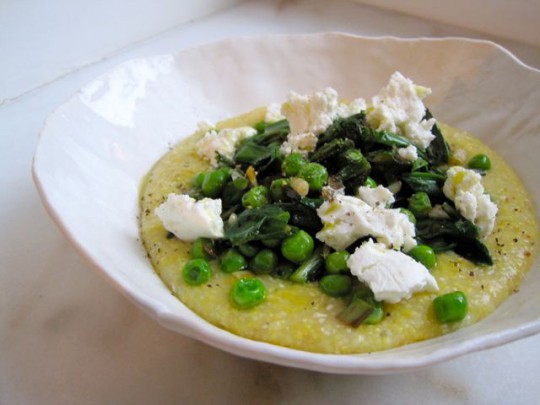 Polenta with ramps and peas