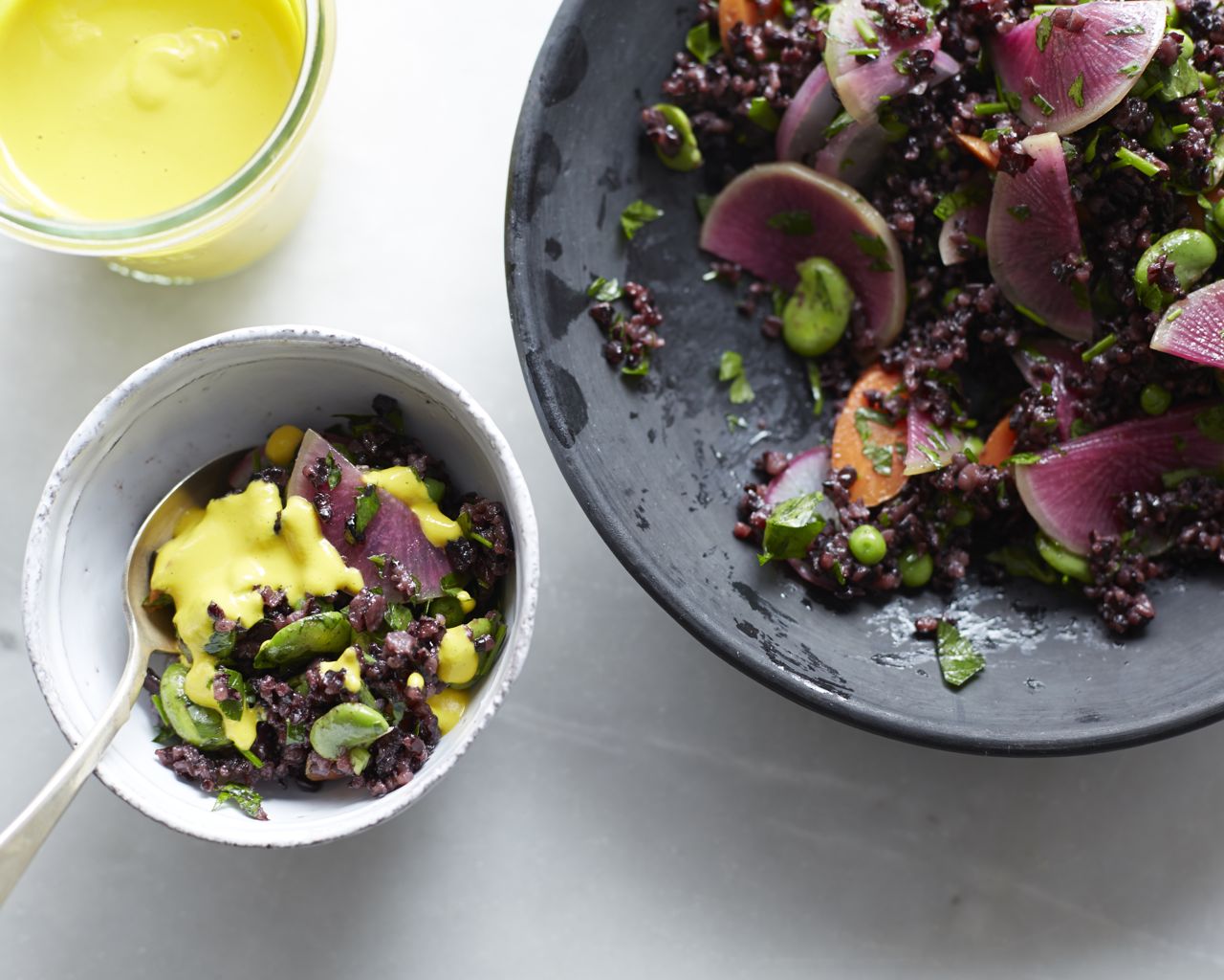 Bright turmeric dressing and a spring black rice salad