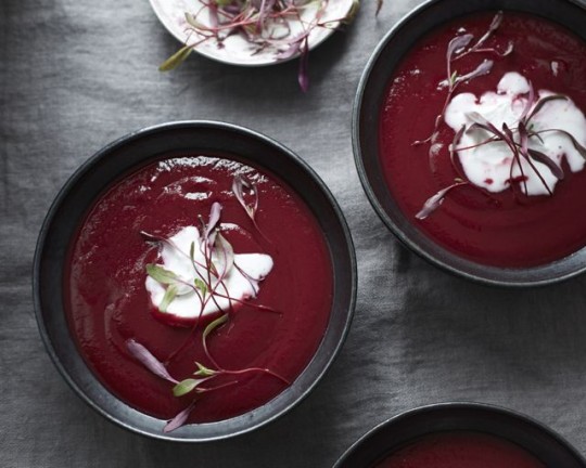 Spiced beet ginger soup with lime coconut cream