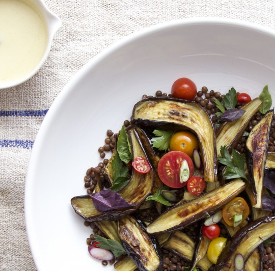 Roasted eggplant salad with tangy miso dressing