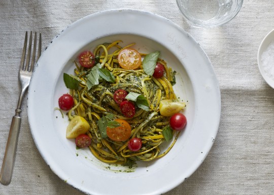 Zucchini noodles with basil walnut pesto and cherry tomatoes