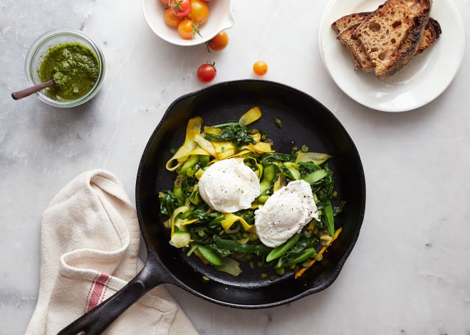Zucchini tangle with poached eggs and green harissa