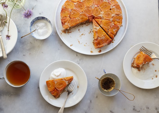 Apricot coconut upside down cake with cardamom