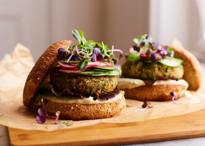 Quinoa white bean burgers with a special sauce